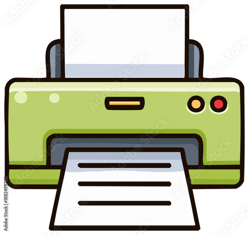 Green printer cartoon icon, printing and office supplies illustration