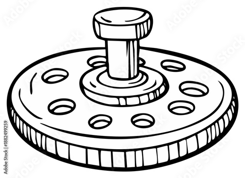 Hand drawn illustration of a round metal spool with holes and a center spindle