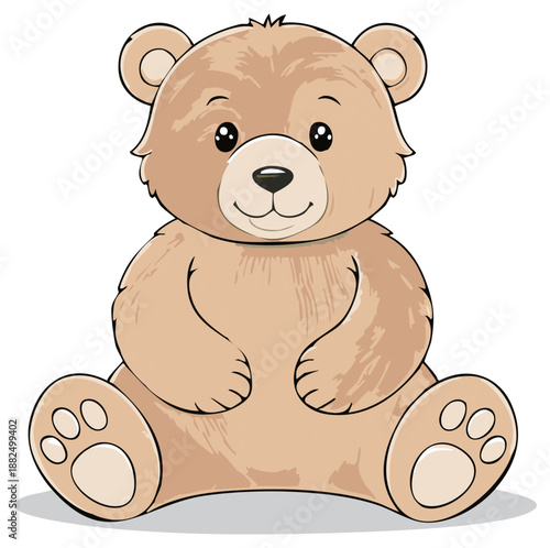 Cute cartoon brown teddy bear sitting with smiling face and paws