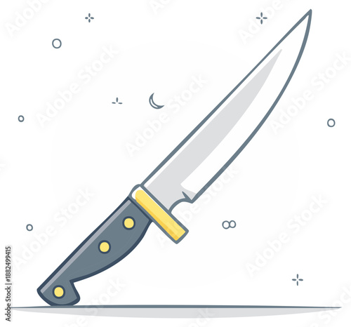 Sharp cartoon knife with steel blade, metallic bolster and gray handle for cooking illustration