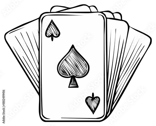 Sketch style playing cards featuring the ace of spades. Game cards for gambling, risk, luck illustration.