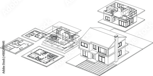 Detailed exploded isometric architectural vector showing a multi-story house structure alongside integrated interior layouts and technical floor plans.