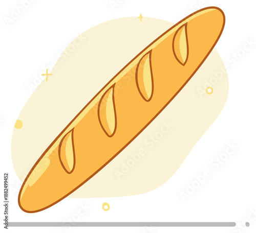 Delicious cartoon baguette, crusty French bread loaf on yellow splash background vector illustration