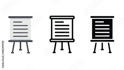 Three different colored presentation boards on easels in a row