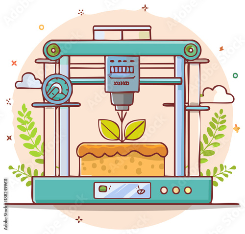 Conceptual illustration of a 3D printer creating a plant sprout. Sustainable biotechnology and green innovation.