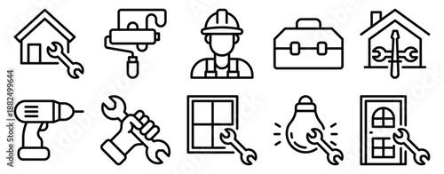 Home repair icon set line style representing household maintenance fixing renovation and professional home service concept.