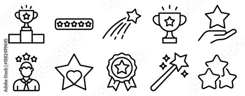 Star achievement icon set line style illustrating success reward excellence recognition and accomplishment concept.