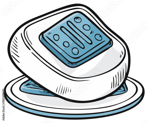 Cartoon bar of soap on a blue dish bathroom hygiene illustration