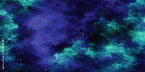 An abstract blue space background features a deep nebula cloud and bright stars shimmering across the dark cosmic universe in a fantasy science illustration