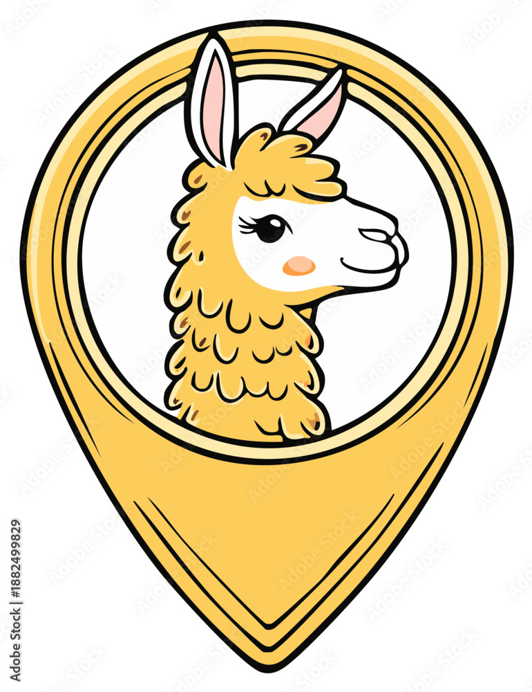 Fototapeta premium Cute cartoon llama head inside a yellow location pin marker icon