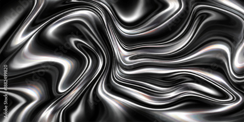 Abstract black and white background featuring a liquid metallic texture with wavy silver swirls and a 3d fluid surface design for a luxury wallpaper backdrop