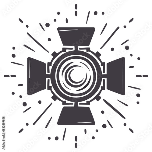 Studio spotlight icon illustration shows light beams and circular pattern, hand drawn