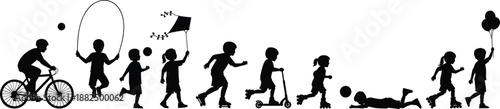 Black and white children silhouettes playing outdoor activities, bicycle kite scooter and running kids, minimalist summer sports recreation icons on white.