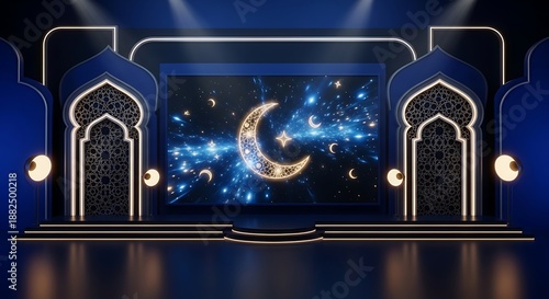 Blue 3D virtual stage with illuminated arches and glowing crescent moon for Ramadan festive broadcast coverage