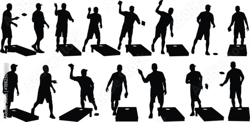 Black and white silhouette illustration of cornhole players in dynamic throwing poses, twelve character set, isolated on a white background,
