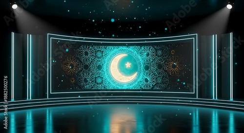 High-tech 3D virtual studio background for Ramadan with neon teal lights and Islamic geometric patterns