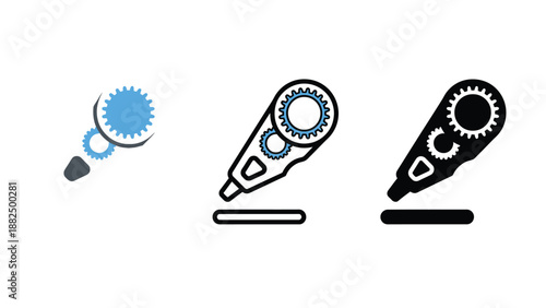 A set of three colorful thermometer icons with gears on a white background
