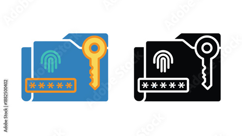 Secure digital icons representing password protected files and folders with keys