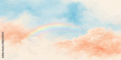 A beautiful rainbow arches across a bright blue sky filled with white clouds and golden sunlight for a clear summer day in nature