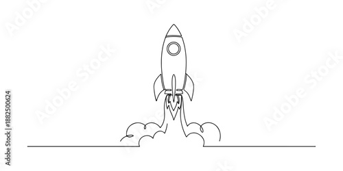 Continuous one line of a startup rocket launch, symbolizing entrepreneurship, ambition, and growth, drawn vector illustration.