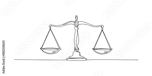 Continuous one line of a balance scale, symbolizing fairness, justice, and business ethics, drawn vector illustration.