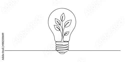 Continuous one line of a light bulb sprouting leaves, representing sustainable business, green ideas, and innovation, drawn vector illustration.