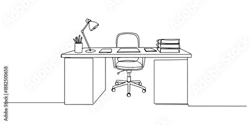 Continuous one line of an office desk with paperwork, symbolizing work, productivity, and organization, drawn vector illustration.