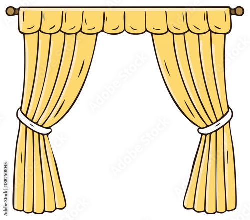 Cartoon golden yellow curtains with tiebacks and valance in drawing illustration style