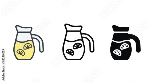 Three different colored pitchers filled with lemonade on a white background
