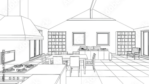 Modern residential interior vector featuring a vaulted ceiling, open-concept dining area, lounge, and kitchen with professional range hood.