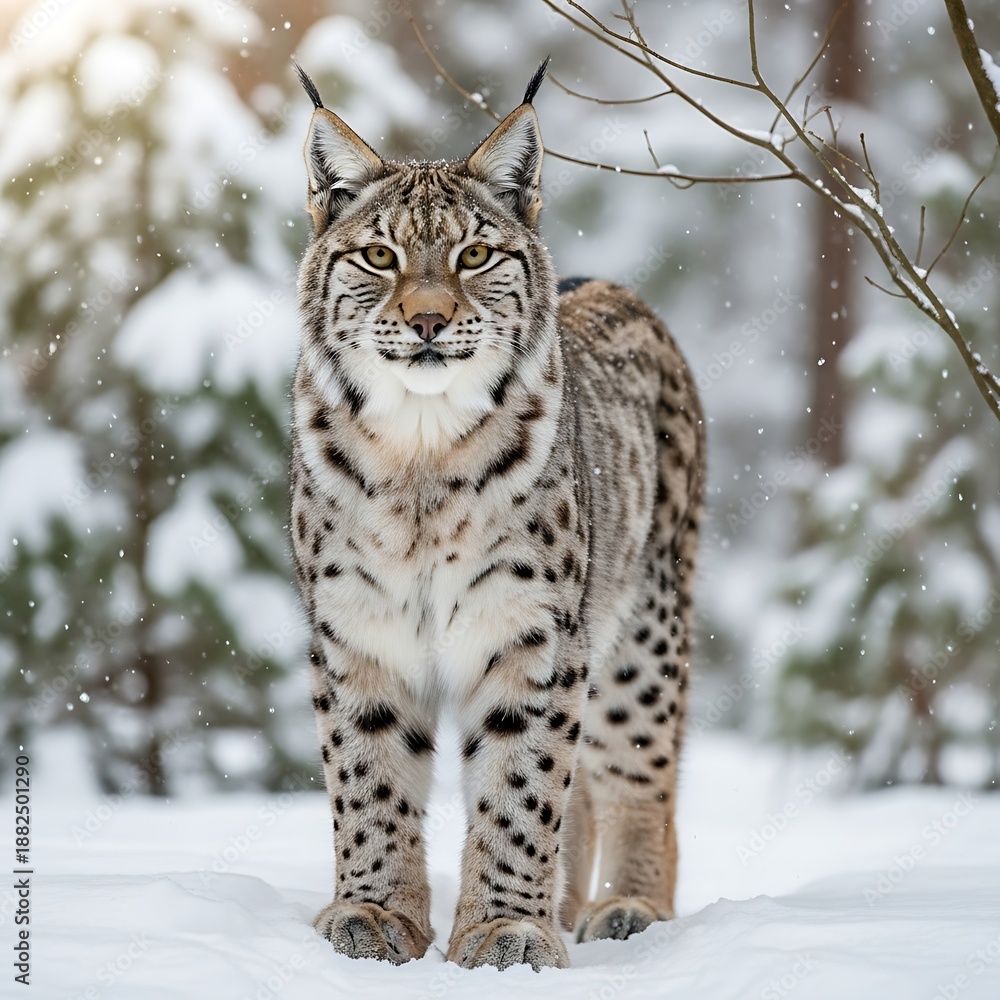 Obraz premium A majestic lynx standing in a serene snowy forest, gazing directly at the viewer with piercing eyes, surrounded by snow-covered trees and a tranquil winter landscape.