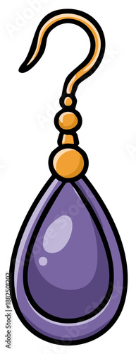 Cartoon teardrop earring with gold accents and purple stone, jewelry illustration isolated on white.