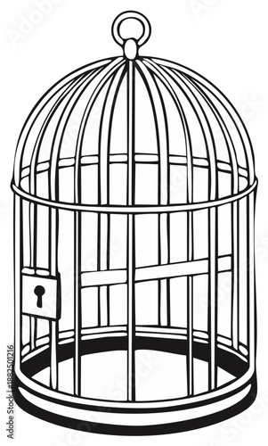 Vintage Birdcage with Lock for Pets or Decoration in Black and White Line Art Design