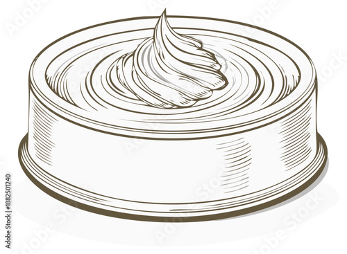 Illustrated canned product with smooth topping, presented in a decorative engraving style