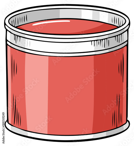 Canned goods featuring a red liquid in a metal can, illustration of food preserve