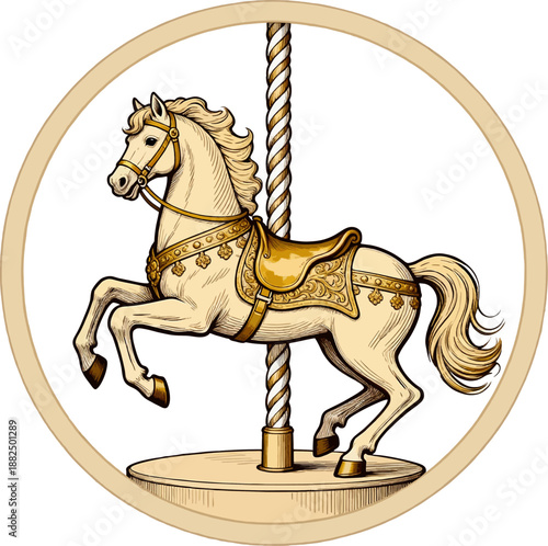 Vintage cream carousel horse jumping with gold ornate saddle harness and spiraled pole in gold circular frame