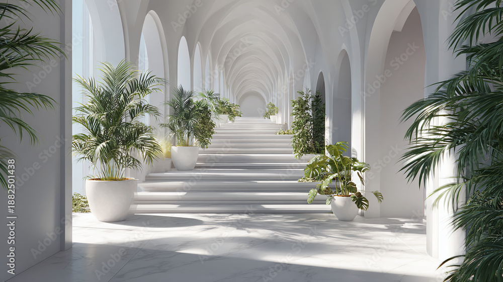 Fototapeta premium A stunning hallway with white arches, stairs, and vibrant plants, creating a serene atmosphere