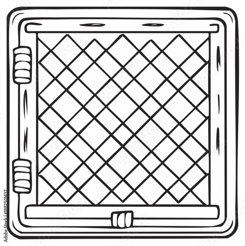 Outline illustration of a square metal gate or window with a diamond pattern mesh or lattice design