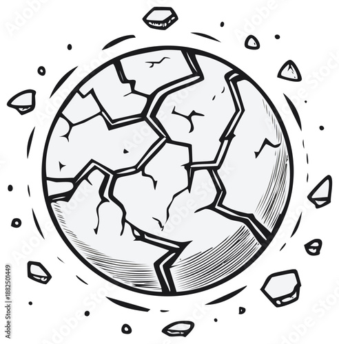 Cracked Broken Planet with Orbiting Debris Hand Drawn Space Destruction Illustration