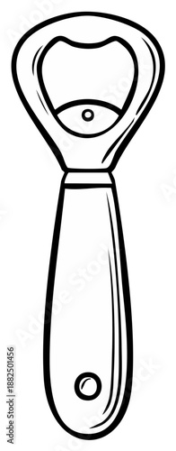 Bottle opener illustration black and white, tool for beverages with handle, silhouette.