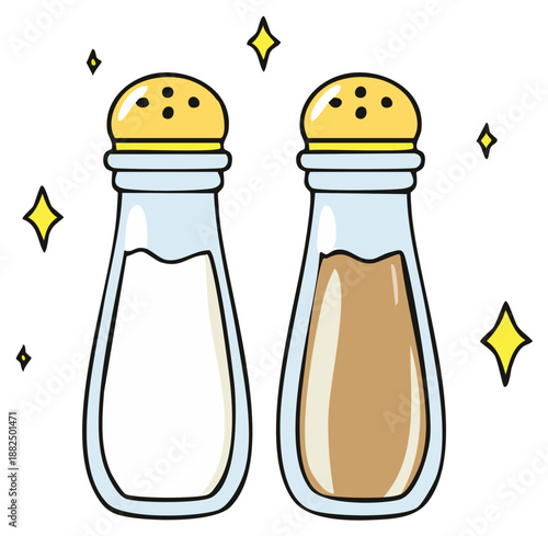Salt and pepper shakers illustration, kitchen seasoning containers with yellow cap and white and brown condiment.