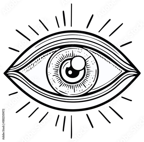 Mystical Eye Vector Illustration Detailed Black and White Eye Symbol with Rays Line Art Style Occult Icon