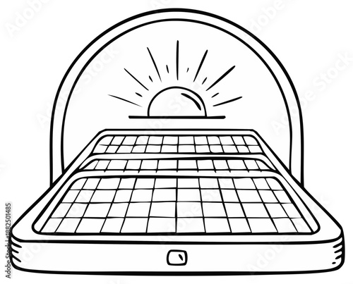 Illustration of solar panels capturing sunlight with a rising sun motif