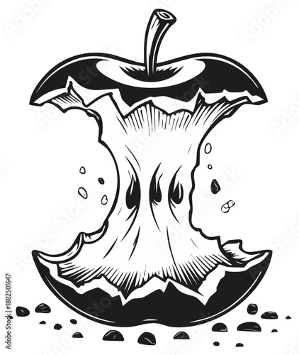 Apple core remnant in vector art illustration, stylized with dark outlines, food waste, discarded fruit remains, and seeds scatter
