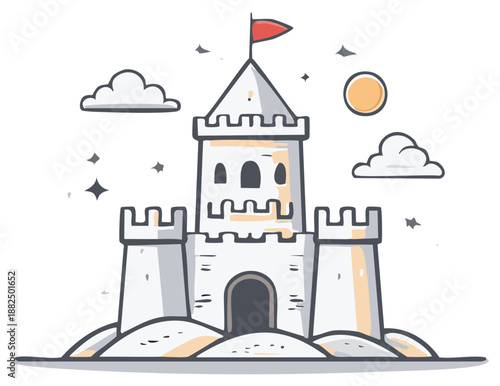 Simple Cartoon Sandcastle Illustration with Flag and Clouds for Kids