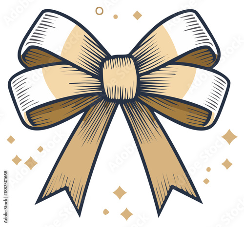 Elegant ribbon bow illustration with etched lines and a golden glow