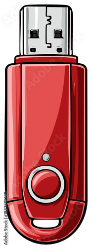 Bright Red USB Flash Drive Cartoon Illustration, Thumb Drive Data Storage