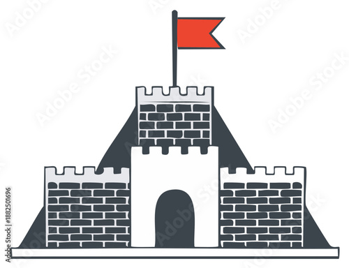 Red Flag Flying Atop a Stylized Castle Fortress Illustration