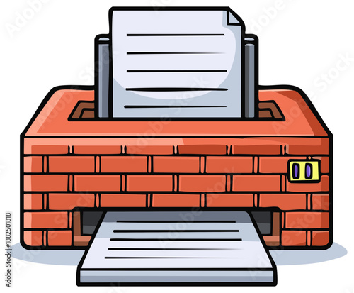 Cartoon printer with brickwork design prints a document, technology concept.