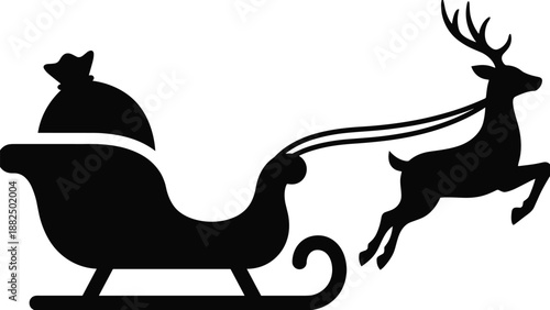 Santa Claus sleigh silhouette illustration pulled by single flying reindeer, Christmas holiday festive icon isolated on white background vector